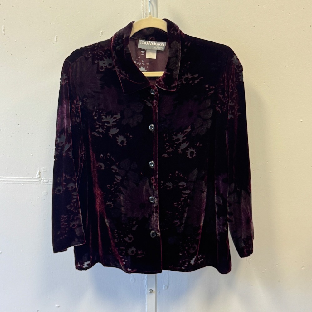 Vintage Carol Anderson California Burnout Velvet Floral Blouse Top Burgundy Lg